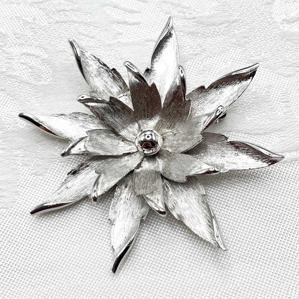 Vintage Retro Large 60s MCM 3" Silver Tone Big Flower Brooch